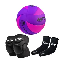 MTD - KIT VÓLEY PRO - PELOTA TALLA 5 PU TERMOSELLADO MORADO + RODILLERAS GEL + MANGAS DM JUNIOR