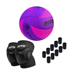 MTD - KIT VÓLEY PRO - PELOTA TALLA 5 PU TERMOSELLADO MORADO + RODILLERA GEL + 10 NUDILLOS - ADULTO