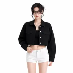 GENERICO - Casaca jean crop oversize deshilachado de mujer