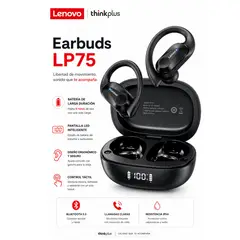 LENOVO - Audifonos inalámbricos LP75 THINKPLUS BT 5.3 BASS 13mm IPX5 SPORT, GAMING BLACK