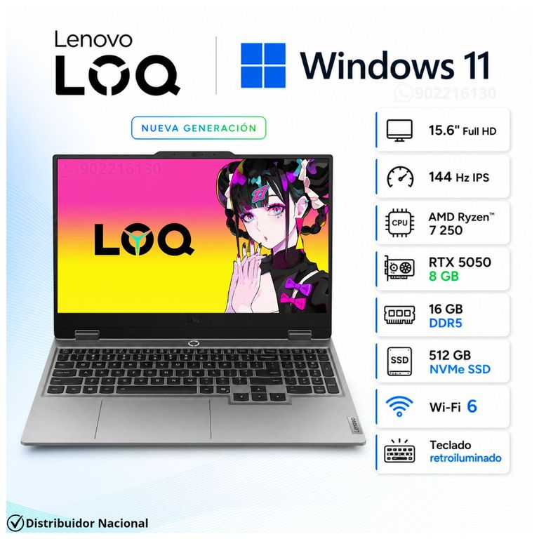 Laptop Gamer LOQ 15AHP10 15.6" Full HD IPS AMD Ryzen™ 7 250 IA RTX™ 5050 16GB RAM 512GB SSD 83JG00B1LM