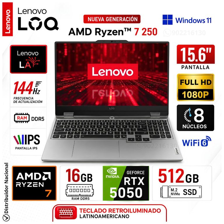 Laptop Gamer LOQ 15AHP10 15.6" Full HD IPS AMD Ryzen™ 7 250 IA RTX™ 5050 16GB RAM 512GB SSD 83JG00B1LM