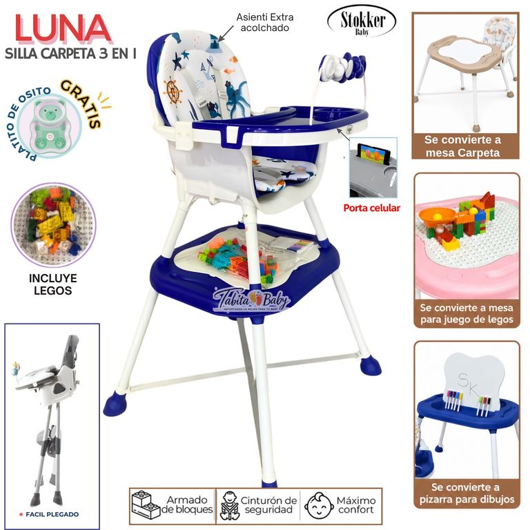 Silla de comer Carpeta 3 en 1 LUNA Azul con Legos y Plumones