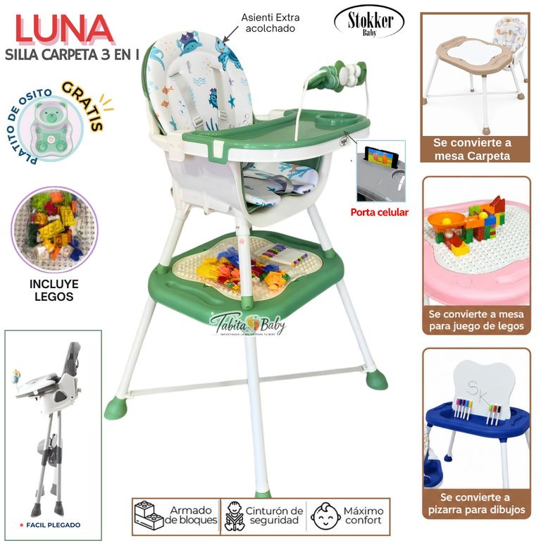 Silla de comer Carpeta 3 en 1 LUNA Verde con Legos y Plumones