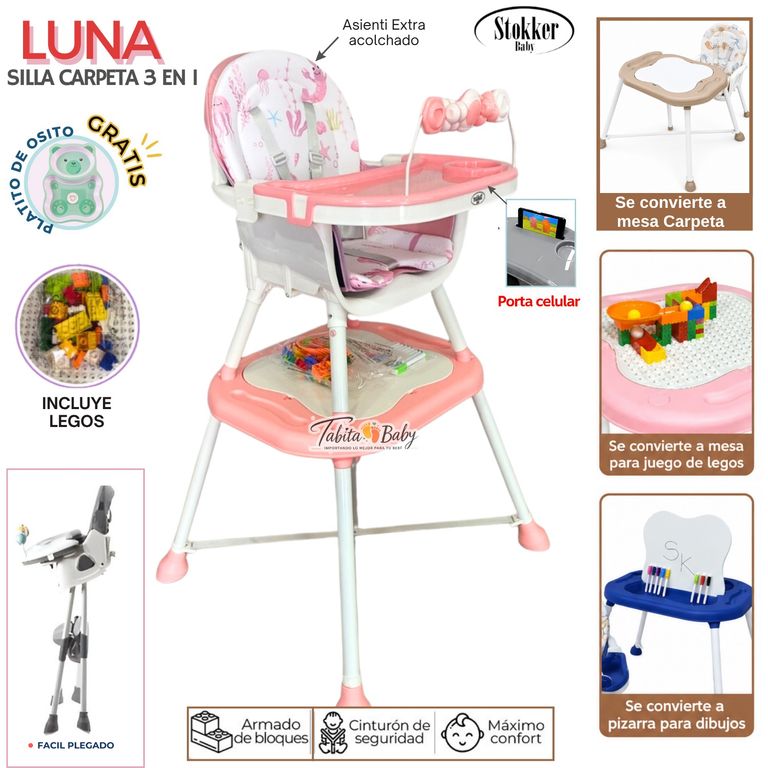 Silla de comer para Bebe Plegable Carpeta 3 en 1 LUNA Rosado