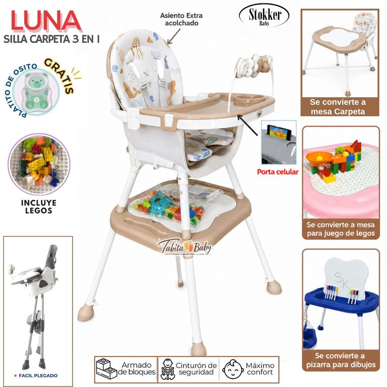 Silla de comer para Bebe Plegable Carpeta 3 en 1 LUNA Beige