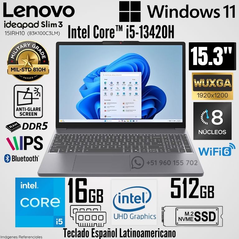 Laptop IdeaPad Slim 3 15IRH10 Intel Core i5-13420H 16GB RAM 512GB SSD 15.3" WUXGA Luna Grey