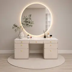 TU MESITA - Tocador Luxury Ori con Espejo Retroiluminado y Mesada de Melamina tipo Marmol Canto Grueso