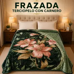 TRUELOVE - Frazada Terciopelo reverso Carnero Verde agua I Diseño: Flor verde I 2 Plazas I 4 Kilos