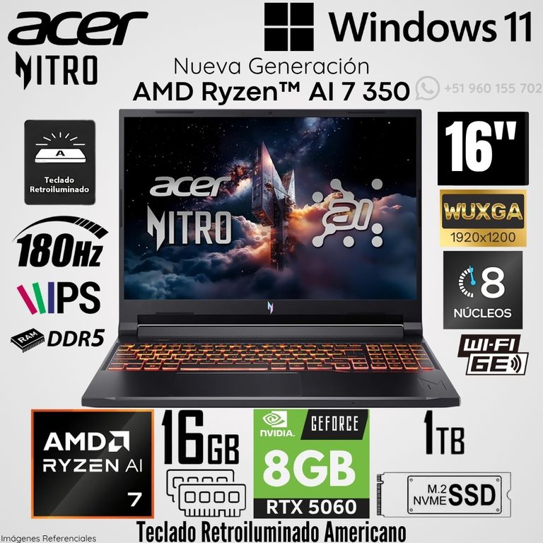 Laptop Nitro V16 ANV16-61-R0YW AMD Ryzen AI 7 350 16GB RAM 1TB SSD RTX 5060-8GB 16" WUXGA 180Hz