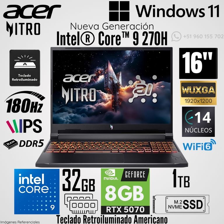 Laptop Nitro V16 ANV16-72-933F Intel Core 9 270H 32GB RAM 1TB SSD RTX 5070-8GB 16" WUXGA 180 Hz