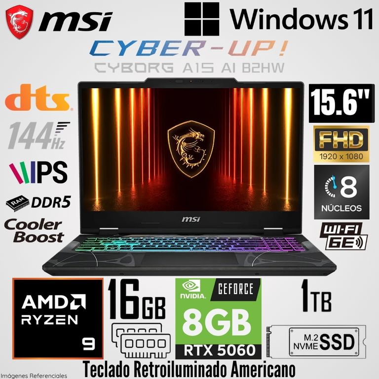 Laptop Cyborg A15 AI B2HWFKG-006US AMD Ryzen 9 270 16GB RAM 1TB SSD RTX 5060-8GB 15.6" FHD 144Hz