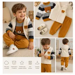 GENERICO - Conjunto Infantil Coreano de Niño 3 Piezas con Chaleco Suéter y Pantalón