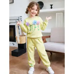 GENERICO - Conjunto Infantil Floral Coreano 2 Piezas para Niña – Polerón y Pantalón Bordado 3D