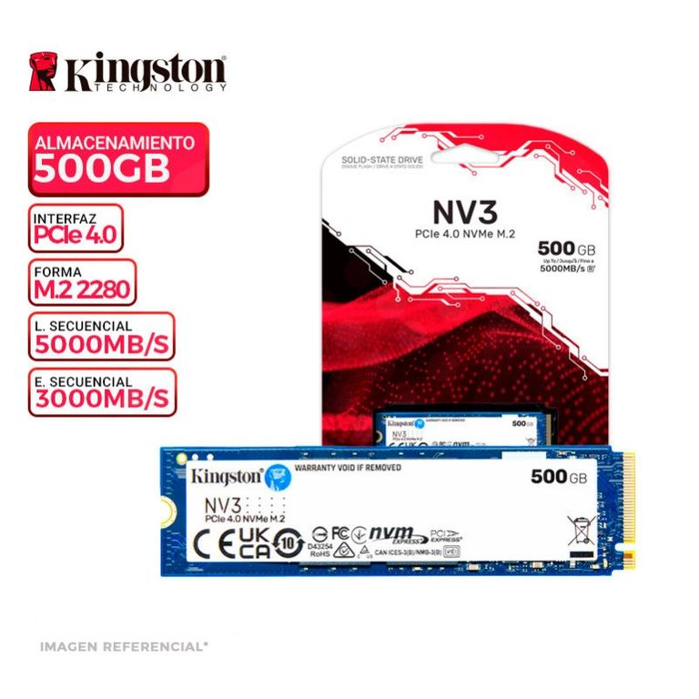SSD 500GB NV3 M.2 NVME PCI 4.0, VELOCIDAD LECTURA: 5000 MBPS