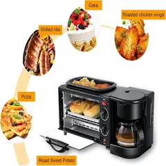 GENERICO - Centro de Desayuno 3 en 1 con Horno Eléctrico, Cafetera y Plancha Antiadherente