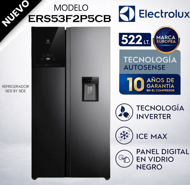 Refrigeradora No Frost Side by Side 522L Inverter AutoSense Negra ERS53F2P5CB