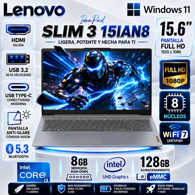 Laptop IdeaPad Slim 3 15IAN8 15.6" FHD Intel Core i3-N305 8GB 128GB - 82XB00C2US