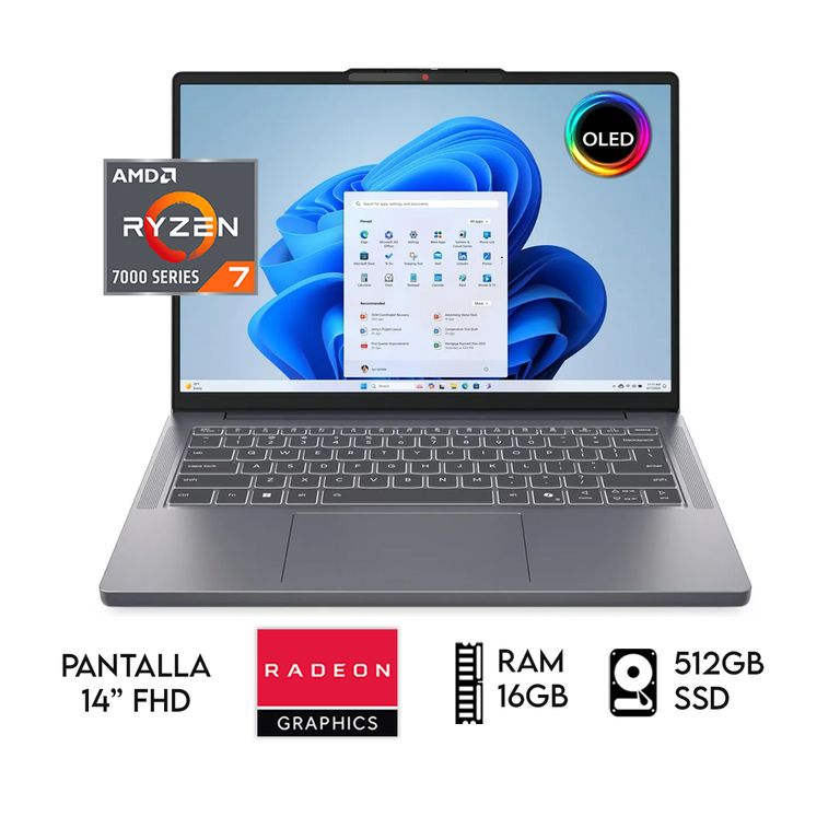 LAPTOP IDEAPAD SLIM AMD RYZEN 7 7735HS RAM 16GB SSD 512GB 14″ OLED FHD GRIS