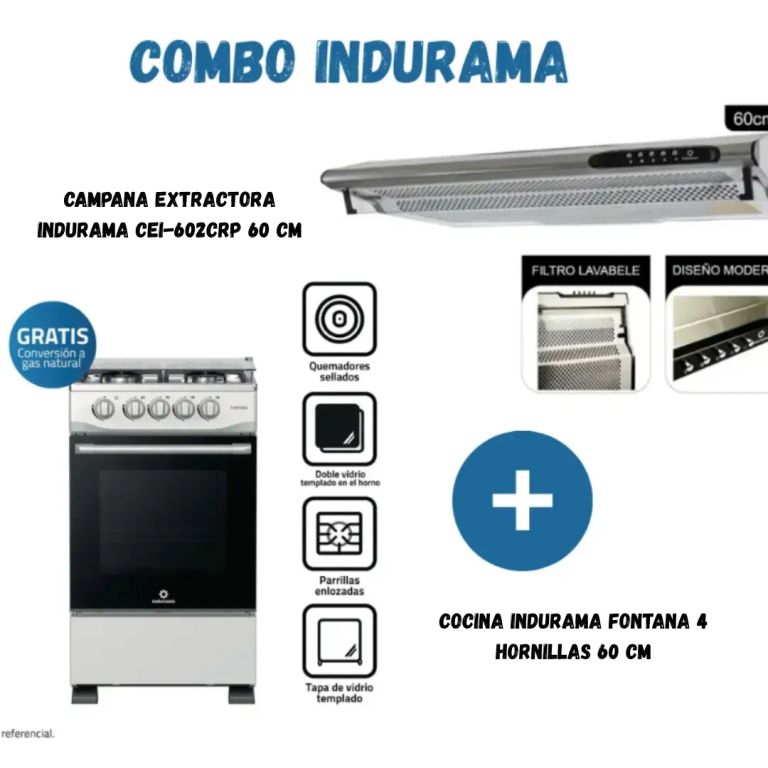 Combo Cocina Indurama Fontana 4 Hornillas 60 cm + Campana Extractora Indurama CEI-602CRP 60 cm