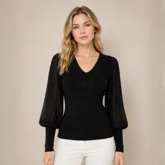 MARTINELA - Chompa Cuello V con Brillo Manga de Gasa Plisada - Negro