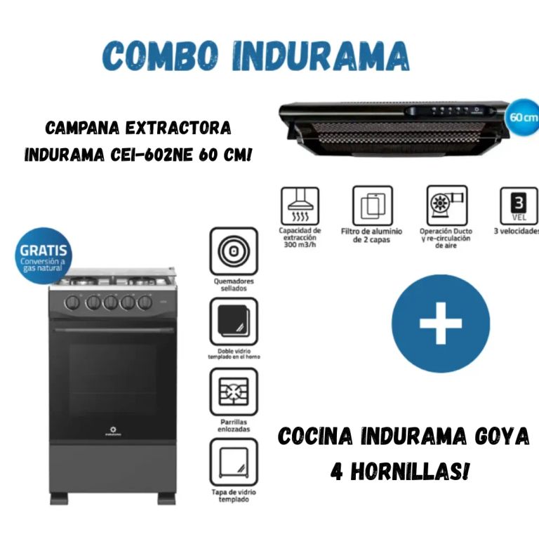 Combo Cocina Indurama Goya 4 Hornillas + Campana Extractora Indurama CEI-602NE 60 cm Negro