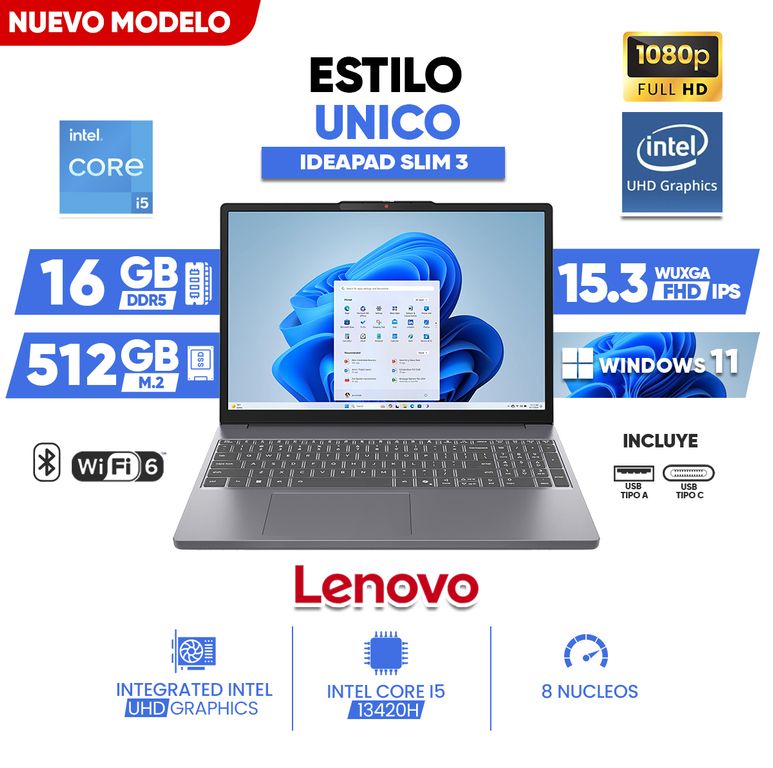 Laptop IdeaPad Slim 3, INTEL CORE i5 13420H, 512 GB SSD M.2, 15.3 PULG WUXGA IPS, Windows 11
