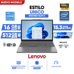 LENOVO - Laptop IdeaPad Slim 3, INTEL CORE i5 13420H, 512 GB SSD M.2, 15.3 PULG WUXGA IPS, Windows 11.