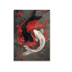VATYERTY - Arte Mural Japonés Con Peces Koi Yin-Yang - Lienzo Sin Marco