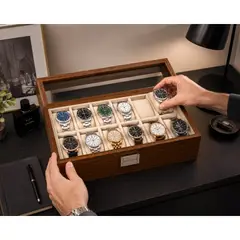 GENERICO - Caja Organizadora 12 Relojes Madera Multifuncional Moderno Tapa vidrio K770