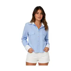 GENERICO - Blusa Stripes Celeste con Cuello y Puños Blancos Elegancia Atemporal