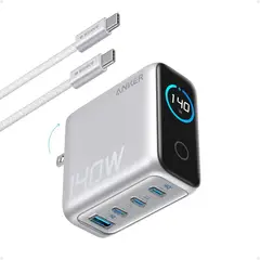 Anker - Cargador Carga rápida 140W 4 puertos con control táctil - Plateado