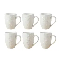 GENERICO - Set x6 Tazas de Loza Blanca con Releve de Flores
