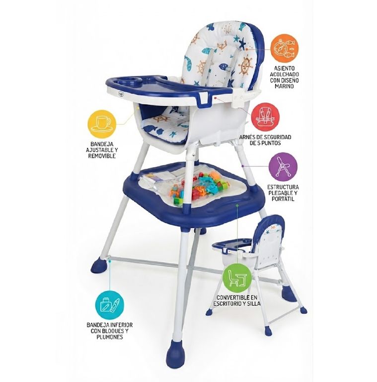 Silla de Comer Plegable Doble Bandeja AZUL