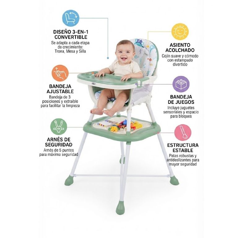 Silla de Comer Convertible en Carpeta Luna Verde