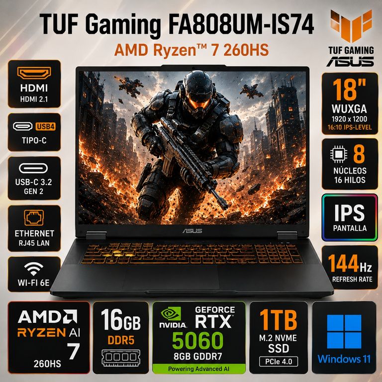 Laptop Gamer TUF GAMING A18 18" WUXGA AMD Ryzen™ 7 260HS RTX 5060 16GB RAM 1TB - FA808UM-IS74