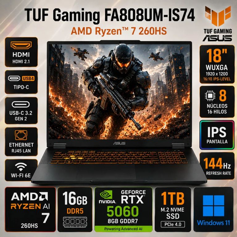 Laptop Gamer TUF GAMING A18 18" WUXGA AMD Ryzen™ 7 260HS RTX 5060 16GB RAM 1TB - FA808UM-IS74