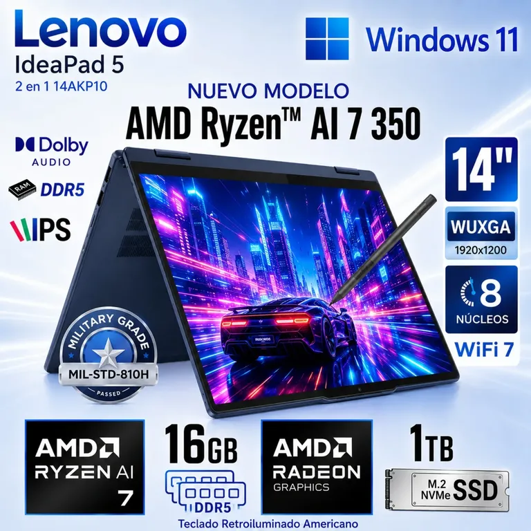 Laptop IdeaPad 5 2 en 1 14AKP10 AMD Ryzen AI 7 350 16GB DDR5 1TB 14" Touch - 83KT001YUS