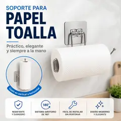 GENERICO - Porta Papel Toalla Soporte Giratorio De Acero Con Adhesivo Instalación Sin Perforaciones