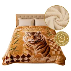 TRUELOVE - Frazada Terciopelo reverso Carnero Beige I Diseño Tigre beige I 2 Plazas I 4 Kilos