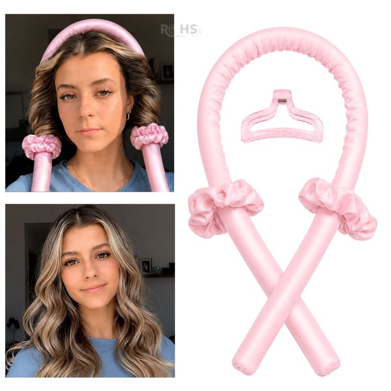 Kit Rizador Rosado De Cabello Sin Calor Con Accesorios Rizos Naturales