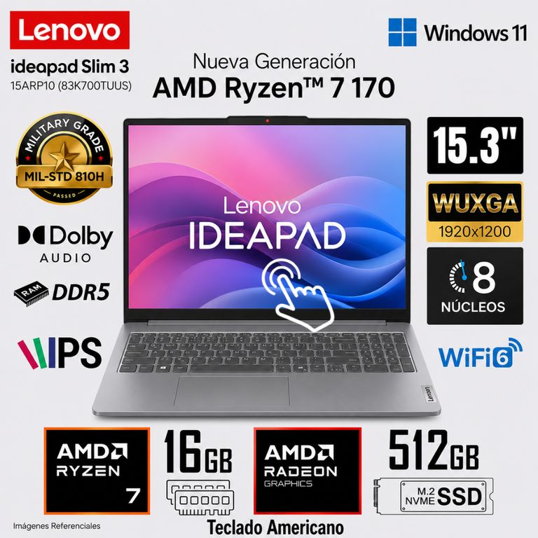 Laptop IdeaPad Slim 3 15ARP10 AMD Ryzen 7 170 16GB RAM 512GB SSD 15.3" WUXGA Táctil - 83K700TUUS