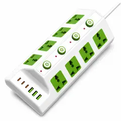 GENERICO - Extensión Tomacorriente 8 Tomas Universales 3000W con 4 Interruptores, 3 USB, 3 USB-C y Cable 180 cm
