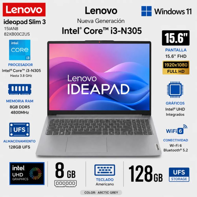 Laptop IdeaPad Slim 3 15IAN8 15.6" FHD Intel Core i3-N305 8GB 128GB - 82XB00C2US