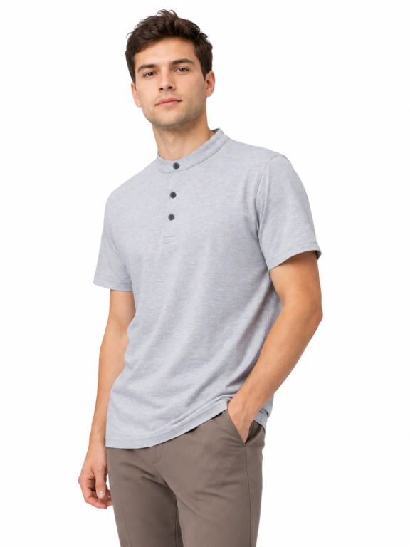 Polo Cuello Mao Hombre Algodón Manga Corta Gris Melange