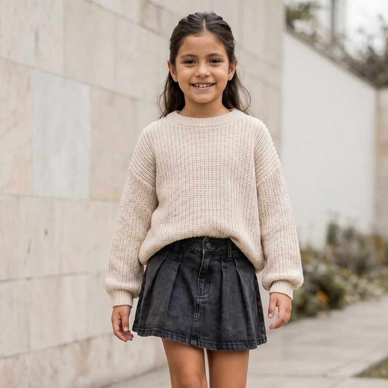 Falda Short Niña Denim Jean Gris Plisada - Angela Kids