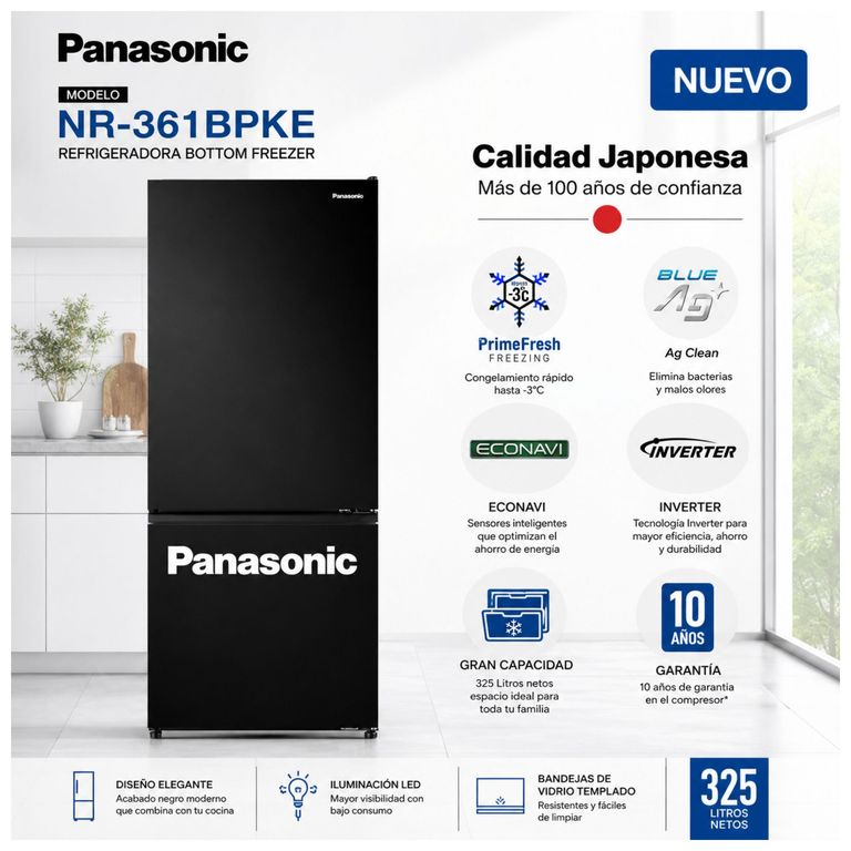 NR-BV361BPKE Refrigeradora 332 Litros Inverter con AI ECONAVI y Ag Clean