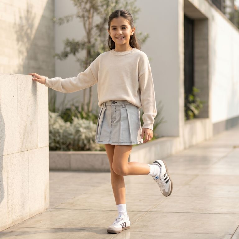 Falda Short Niña Denim Gris Plisada