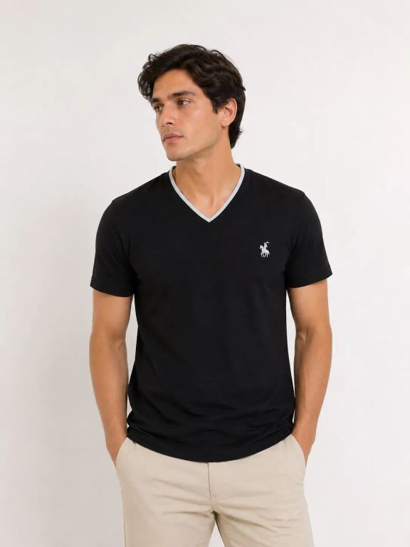 POLO ALGODON PIMA HOMBRE CUELLO V NEGRO