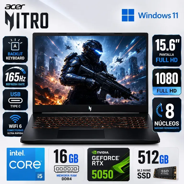 Laptop NITRO ANV1552-57X GAMING INTEL CORE I5-13420H 512GB 16GB 15.6 FHD RTX 5050